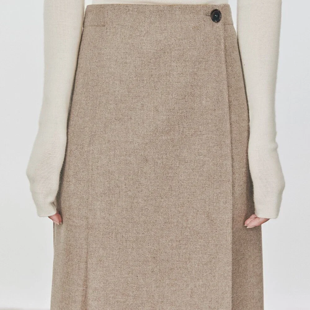 CHICJOC High-End 100% Wool Midi Wrap Skirt w/ Silk Waistband – Size 38